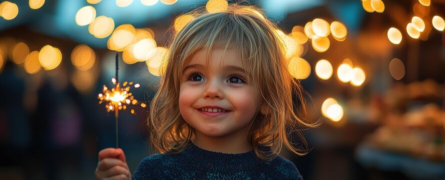 A young child smiles, holding a sparkler with sparkling lights and blurred bokeh in the background. AI.
