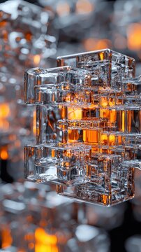 Abstract geometric structure of clear glass blocks with glowing orange light filtering through. AI.