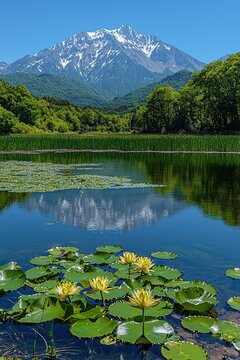 A serene lake reflects a snow-capped mountain, surrounded by lush green trees and dotted with yellow water lilies in the foreground. AI.