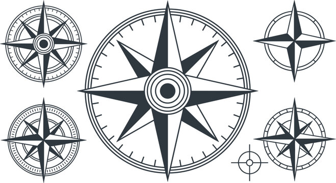 Vintage Nautical Compass Rose Vector Icon Set Featuring Classic Maritime Navigation Windrose Symbols Dial Marks and Travel Direction Indicators for Cartography Maps