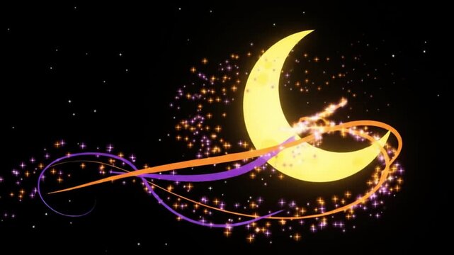 Animated halloween background with flying bats glowing crescent moon and floating ghosts with colorful candies on a dark black background with animation