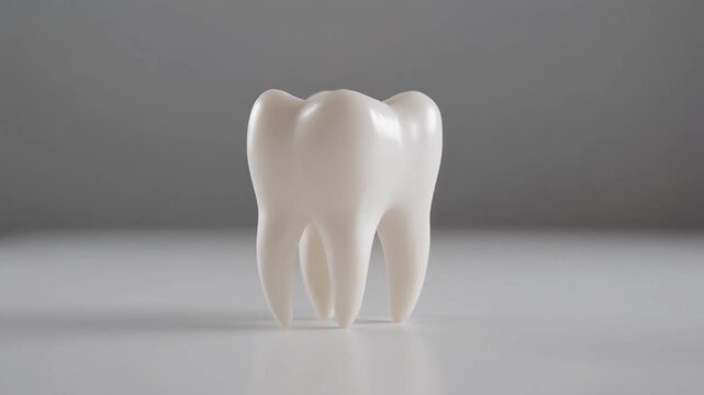 White dental tooth model rotating slowly on a clean surface with soft studio lighting, molar dentistry concept with copy space, vertical video