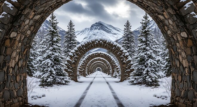 Infinite winter stone arches framing snowy mountain peaks and pine trees