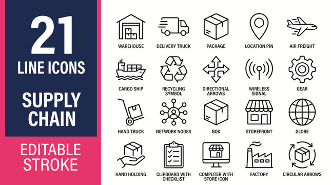 Minimal supply chain line icons set, editable stroke vectors, logistics, shipping, inventory, warehouse, procurement, distribution symbols.