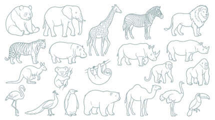 Fototapeta premium Collection of Hand-Drawn Outline Illustrations of Various Animals.