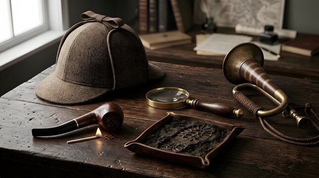 Vintage Detective Desk with Deerstalker Hat and Magnifying Glass
