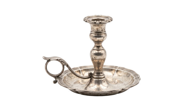 Vintage silver chamberstick candle holder with ring handle, antique metal candlestick holder for classic table decor isolated PNG with Transparent Background