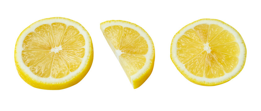 Top view set of yellow lemon slices in circle shape and a semi circle isolated on white background with clipping path