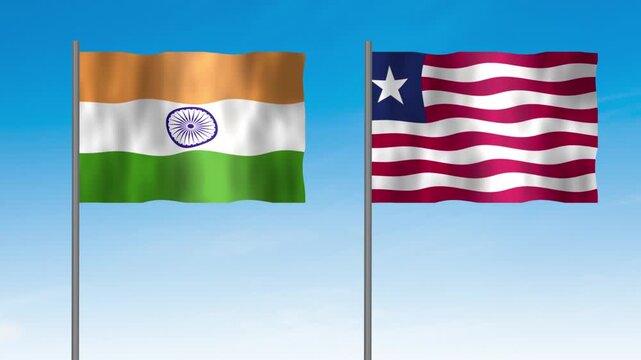 Flag of Liberia and India, Pole flag of Liberia and India on clear sky background. Liberia and India flag waving. 
