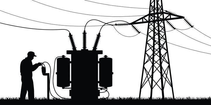 Silhouette of an electrical worker standing next to a large power transformer and voltage transmission tower, isolated on a white background