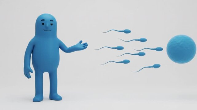 3D Blue Character Presenting Sperm Swimming to Ovum Egg Cell Fertilization Concept