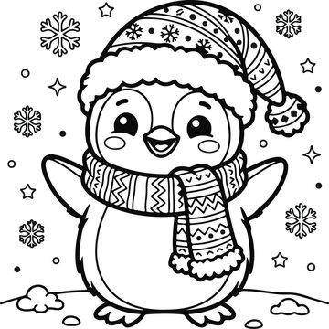 Adorable penguin wearing a winter hat and scarf in a hand drawn style