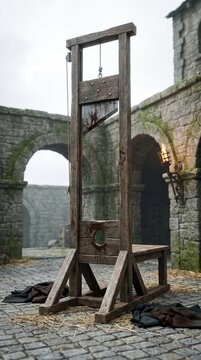 A bloodstained wooden guillotine stands inside an ancient stone fortress, evoking the dark history of public executions, capital punishment and medieval justice