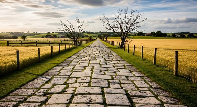 Cobblestone pathway stretching through golden countryside fields with bare trees