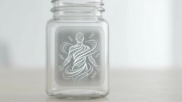 Artificial Intelligence Personalized Medicine Transparent Glass Jar Container with Glowing Therapeutic Symbol and Luminous Human Figure