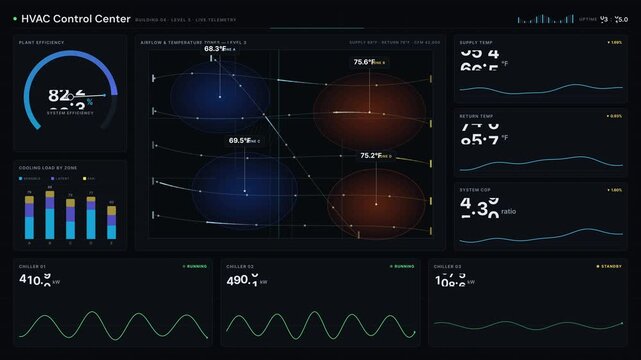 An immersive 4K HVAC dashboard animation visualizing airflow temperature zones and cooling system efficiency with dynamic graphics and vibrant color transitions.