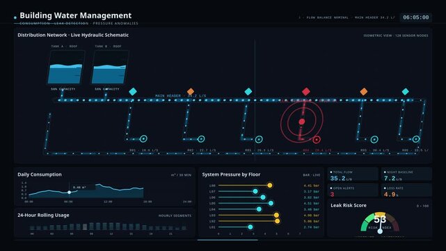 Cinematic dark mode Building Water Management Dashboard showcasing animated pipe network schematic with leak detection and consumption monitoring features.