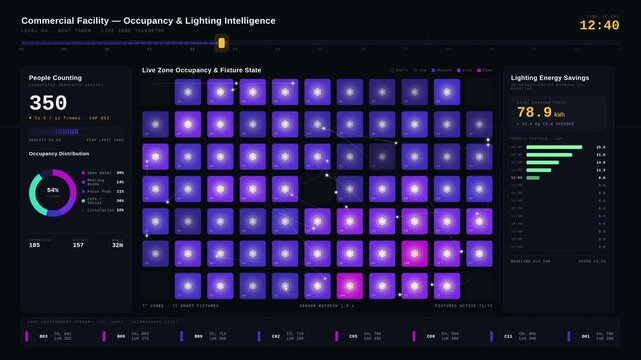 An animated commercial facility dashboard showcases occupancy patterns and automated lighting energy savings in a sleek dark mode interface with vibrant color transitions.