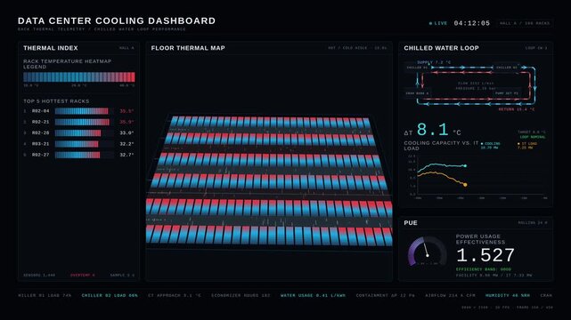 Visualize rack temperatures and chilled water performance in a dark mode data center cooling dashboard with thermal gradients and animated metrics for optimal IT management.