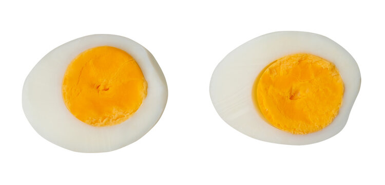 Top view set of unpeeled cooked or boiled egg with egg yolk in two halves isolated on white background with clipping path