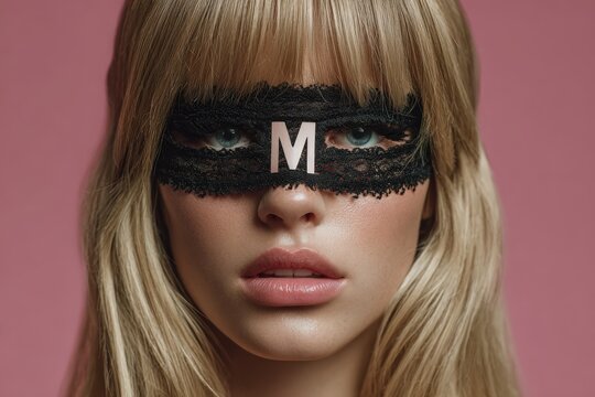Closeup portrait of blonde woman wearing black lace eye mask with letter M, pink background, dramatic beauty styling and direct gaze, studio fashion portrait