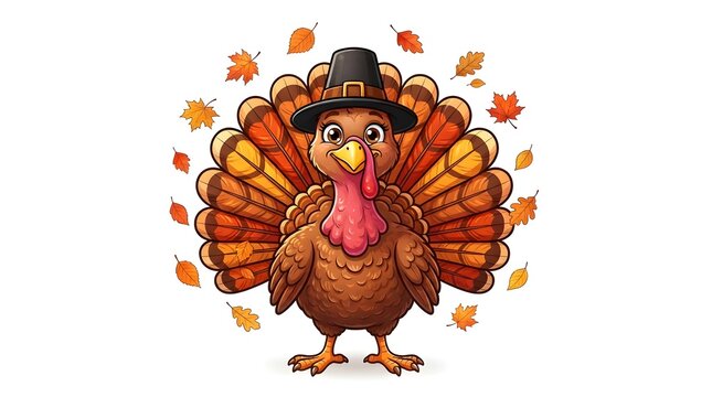 Cute Cartoon Turkey with Pilgrim Hat and Autumn Leaves