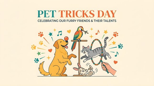 Pet Tricks Day vector illustration banner with playful dogs, cats, parrot, and rabbit performing tricks with balls and hoops