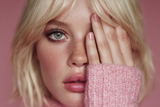 Closeup portrait of freckled blonde woman covering one eye with hand and pink knitted sleeve against soft pink background, beauty photography