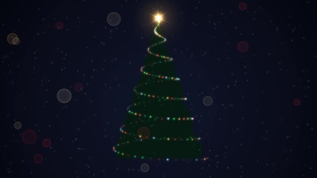 Christmas tree silhouette wrapped in a spiral of twinkling colorful bulb lights with a shining star, night holiday loop