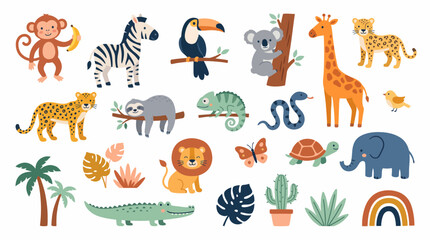 Fototapeta premium Cute wild animal illustrations set featuring safari fauna, tropical plants and exotic jungle creatures, concept for nursery art and children design
