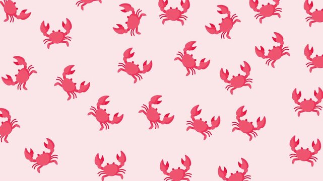 Abstract cute background featuring an animated seamless loop pattern of pink crabs on a soft pastel pink backdrop