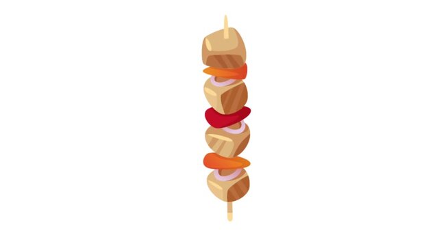 Flat vector animated Japanese food skewer or yakitori featuring pieces of meat, onion, and bell pepper