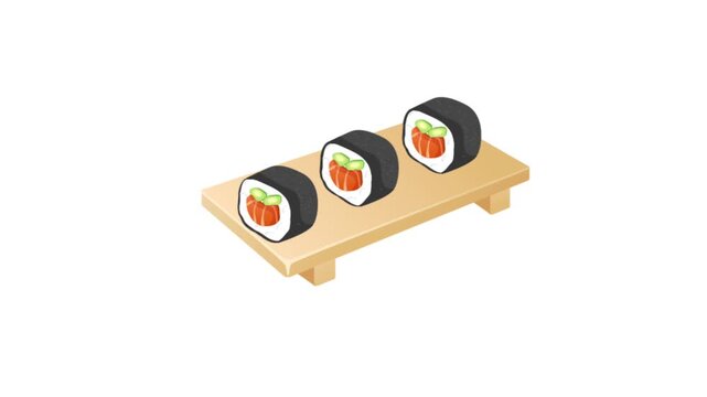 vector isometric animated wooden tray where sushi maki rolls appear sequentially one by one