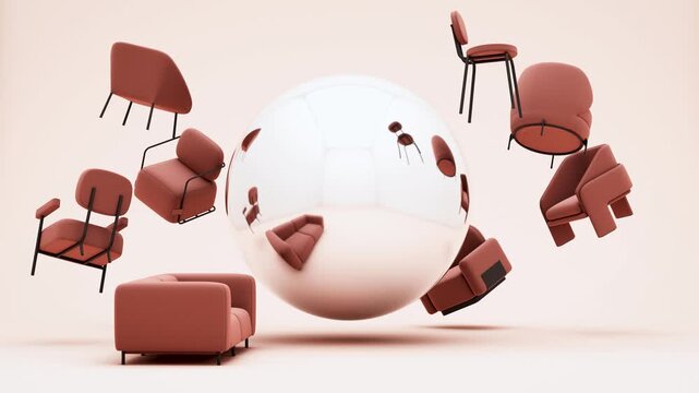 modern upholstered chairs and sofa surrounding a large Shiny silver reflective sphere backdrop on a clean pastel background with copy space abstract video with furniture 4k 3d rendering animation loop