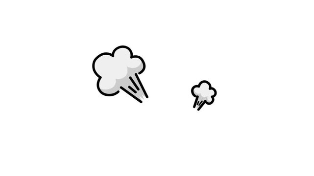 Flat vector animated grey cartoon puff of smoke or dust clouds expanding against a white background