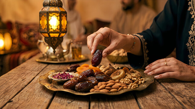 Ramadan iftar dinner with woman eating dates at a festive table
