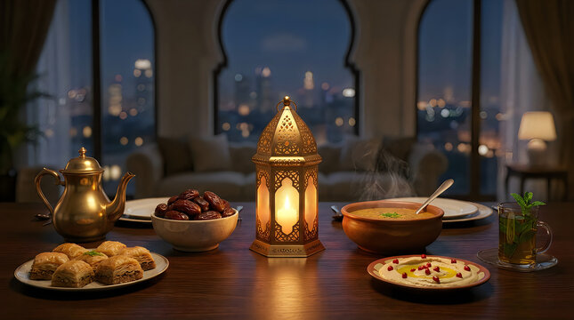 Ramadan iftar dinner table with traditional lantern and food at night