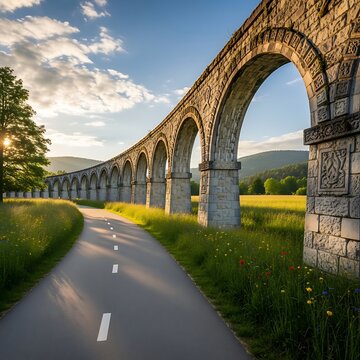 Majestic stone arch viaduct crossing sunny green rural valley landscape