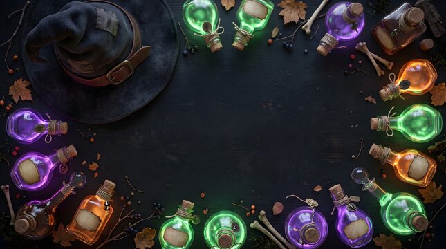 Halloween background with colorful magic potion bottles and witch accessories on black surface