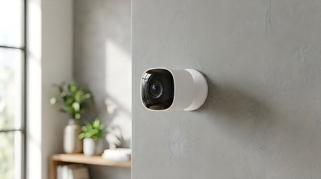 Modern white smart security camera mounted on a grey interior wall