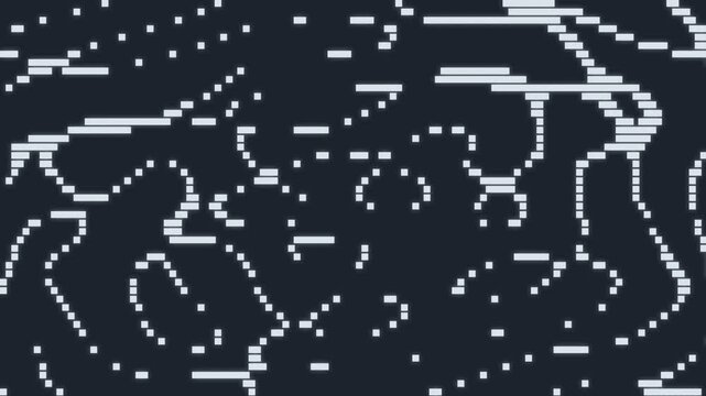 Abstract 8-bit pixel glitch contour lines and digital noise pattern moving on dark background