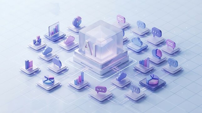 Isometric 3 d ai cube with glowing core, surrounded by connected data charts, speech bubbles, and cloud symbols on a grid background