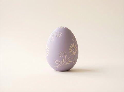 Pastel Purple Ceramic Easter Egg with Hand Painted White Floral Pattern Isolated Neutral Background
