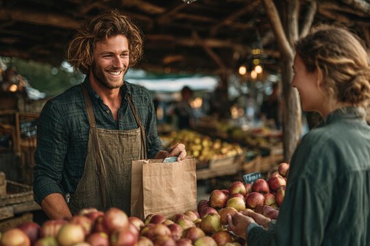 Smiling male market vendor in apron handing paper bag to female customer beside baskets of apples at rustic outdoor produce stall, candid farmers market scene