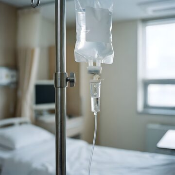 하얀색 병실 안 에 세워진 수액 폴대 와 그 위 에 매달린 투명한 링거 주사액 병 화면
iv pole erected inside a white hospital room and a transparent fluid bag bottle hanging on it screen   