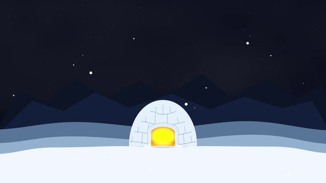 Pixel art igloo animation in snowy night landscape with glowing light