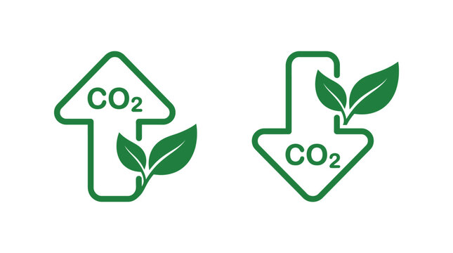 Green carbon dioxide emission reduction and increase vector graphic icons with leaf symbols