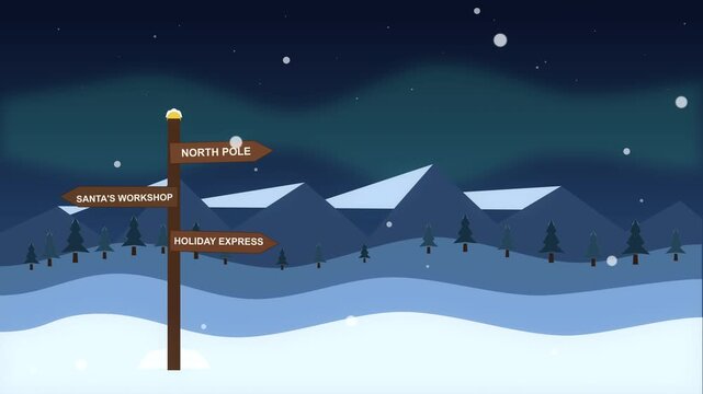 Pixel art loop of north pole sign in snowy mountain night landscape