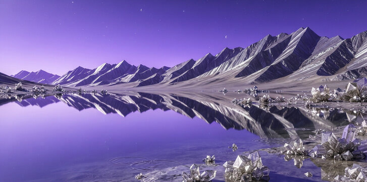 Surreal purple alien landscape with crystal formations and calm water reflection