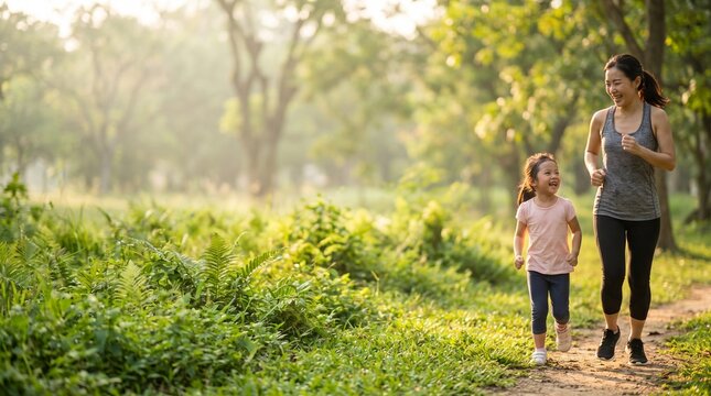 Mother and Daughter Jogging Together in a Sunlit Park for Outdoor Fitness and Healthy Lifestyle Training